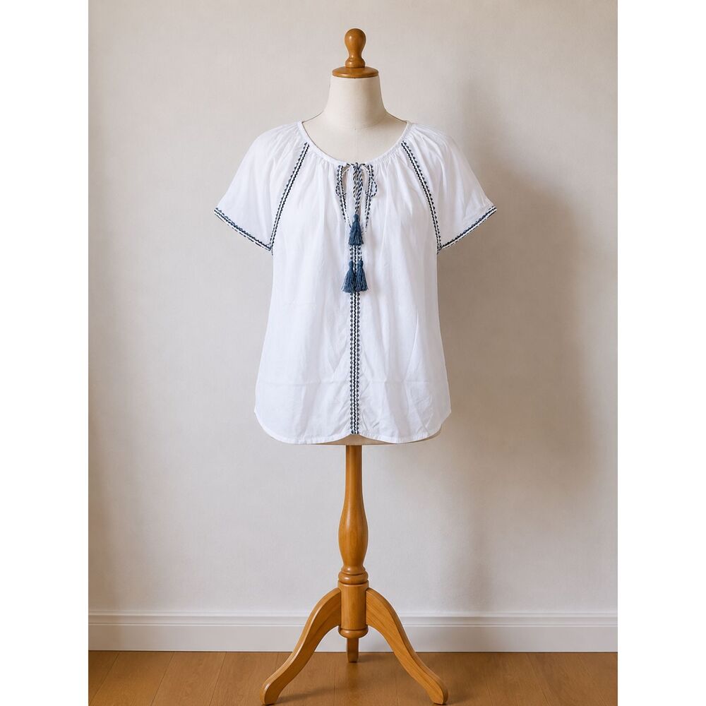 Dip White Peasant Blouse XL Boho Embroidered Tassel Tie Top